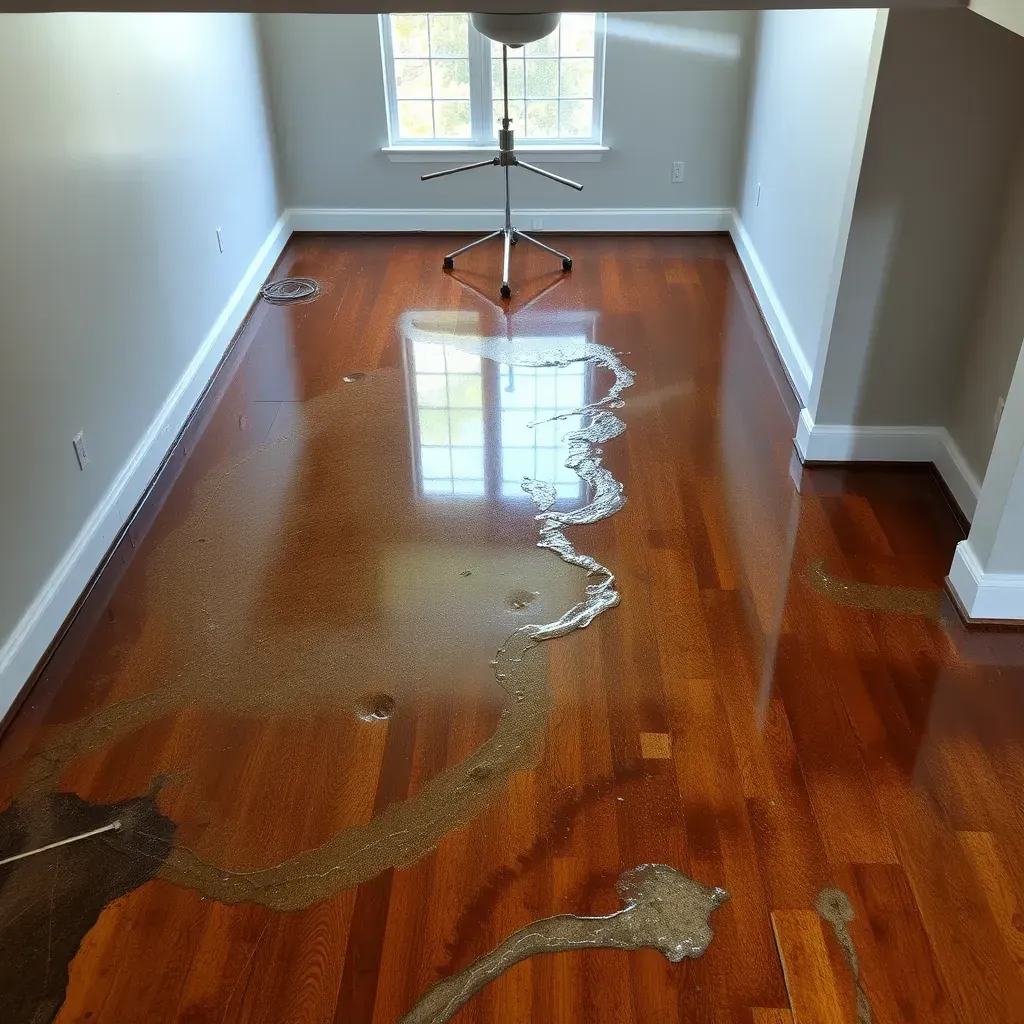 Water damage restoration scene in Hillsborough, NC with flooded floors, damp drywall, and restoration equipment in use.