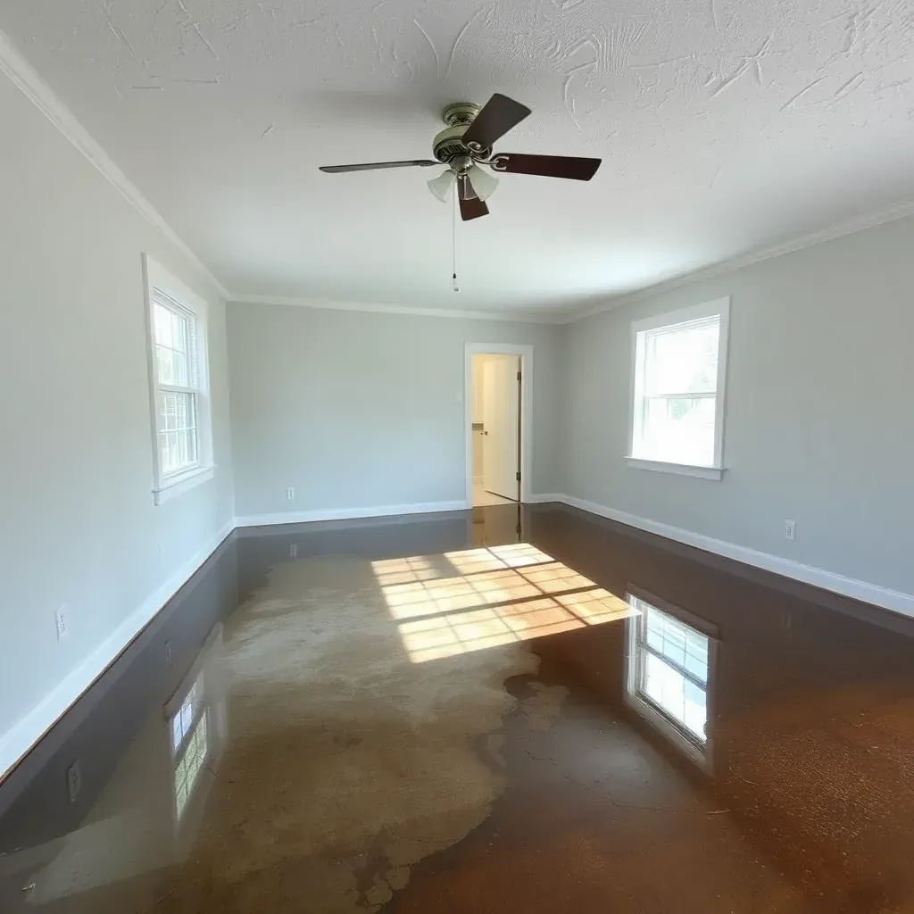 Water damage restoration scene in Youngsville, NC: wet floors, water-stained walls, drying fans, dehumidifier, and professional cleanup.