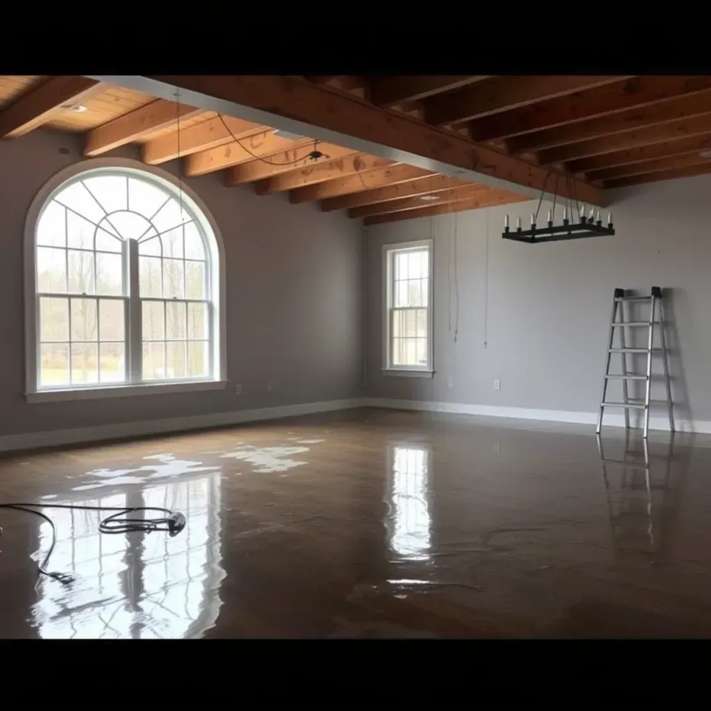 Water damage restoration in Franklinton, NC home showing soaked floors, peeling paint, exposed drywall, and drying equipment.
