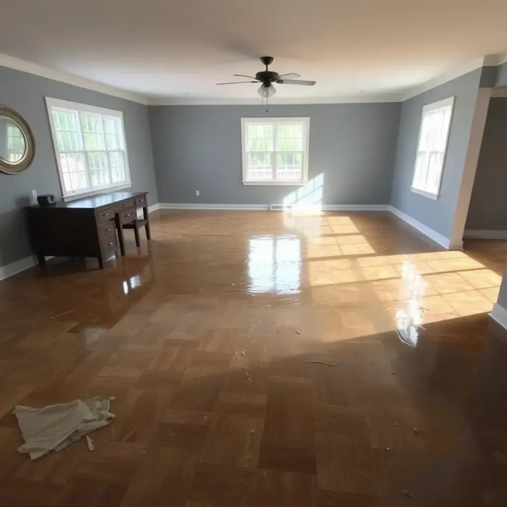 Water-damaged basement in Hillsborough, NC with stained walls, soaked carpet, dehumidifiers, fans, and water extraction tools.