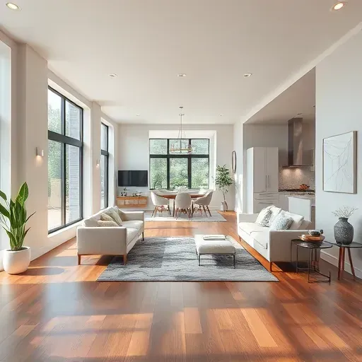 Modern renovated Durham home interior with bright living room, hardwood floors, stylish furniture, large windows, and upgraded kitchen.