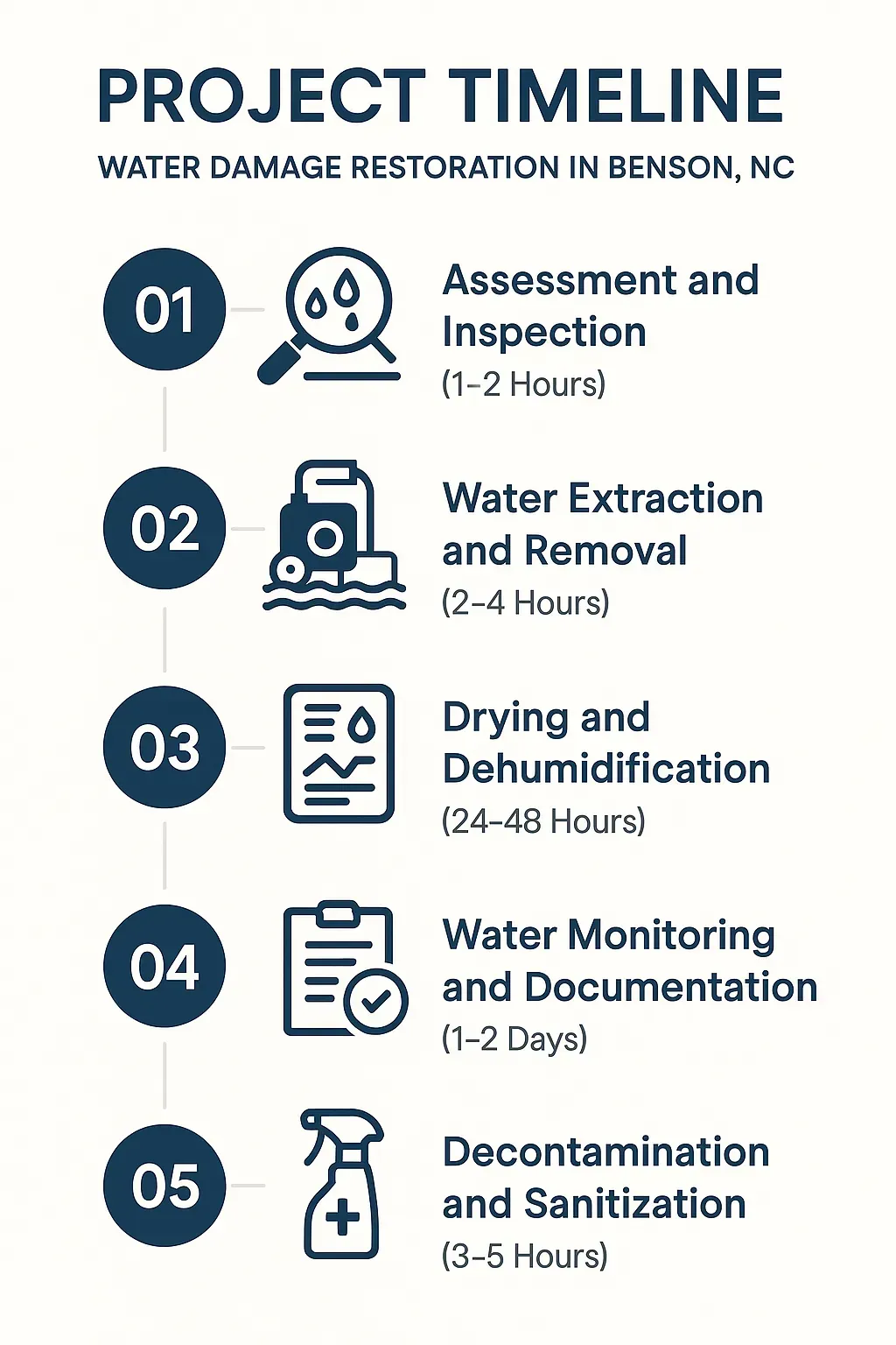 Infographic of 5-step Benson water damage restoration timeline: assessment, extraction, drying, monitoring, sanitization.