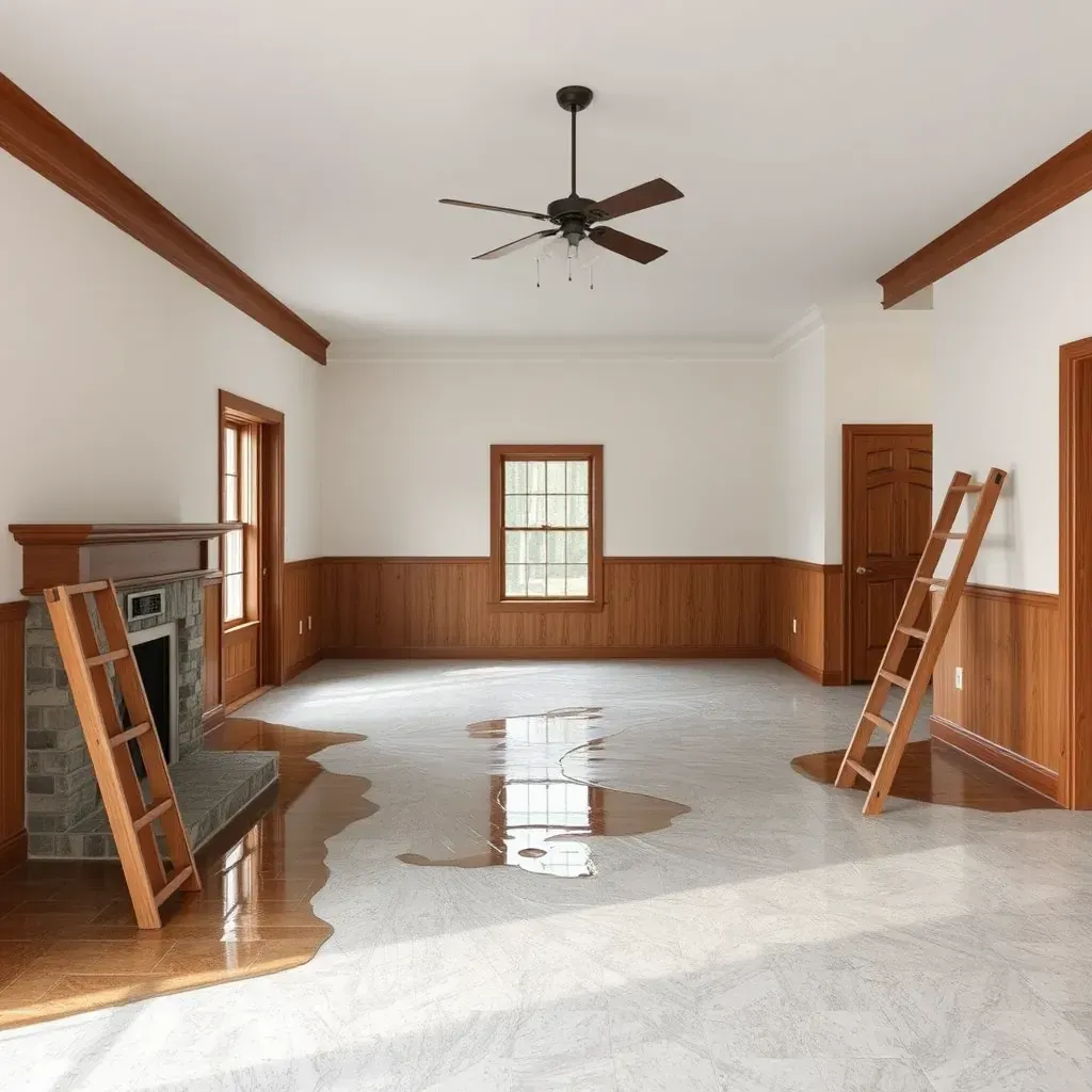 Water-damaged home interior in Archer Lodge, NC with water-stained walls, peeling paint, wet floors, and restoration equipment.