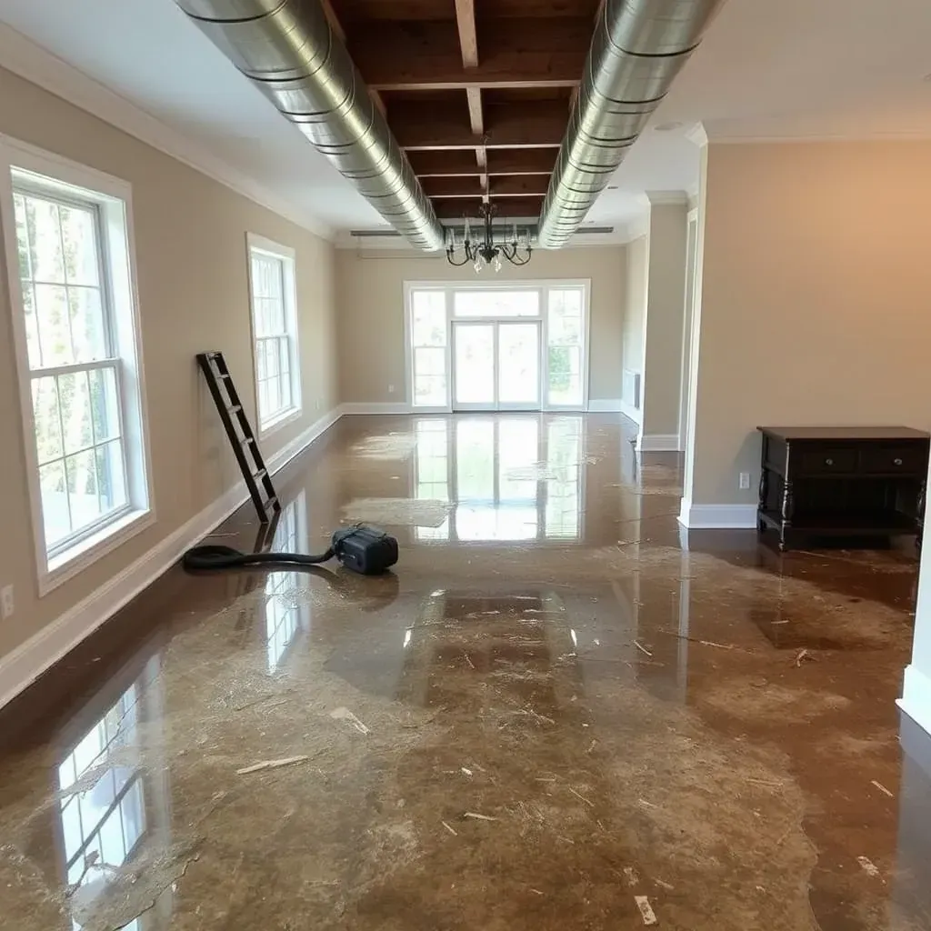 Water-damaged room with peeling drywall, warped flooring, drying equipment, and plastic coverings in Lillington, NC.