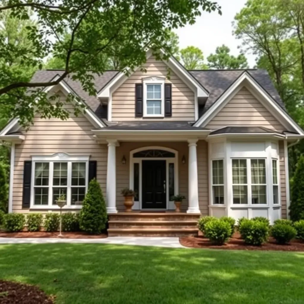 Restored Garner, NC home with new siding, windows, scaffolding, lush landscaping, and ongoing renovation details.