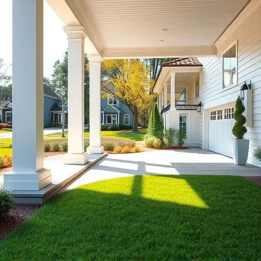 Chapel Hill home with modern Southern design, white columns, clay roof, lush lawn, large windows, and stylish driveway.