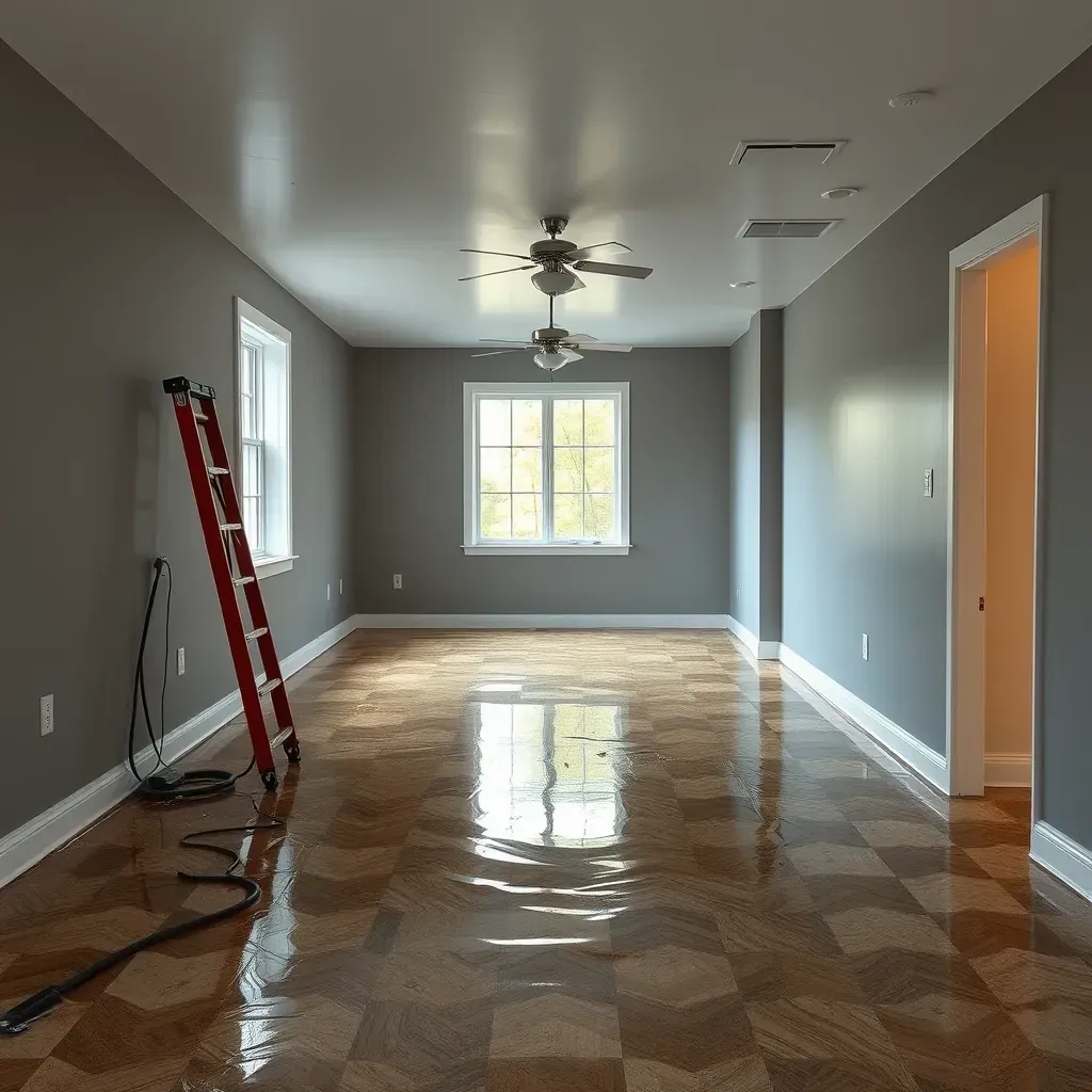 Water damage restoration in Angier, NC: flooded floor, water stains, drying equipment, and damaged walls in a living room.