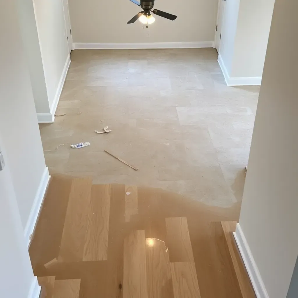 Water damage restoration scene in Spring Hope, NC with a truck, technicians in safety gear, drying equipment, and water-stained home.