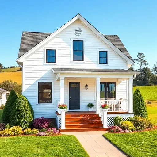 Charming restored farmhouse in Coats, NC with white siding, black windows, lush landscaping, and scenic rural background.
