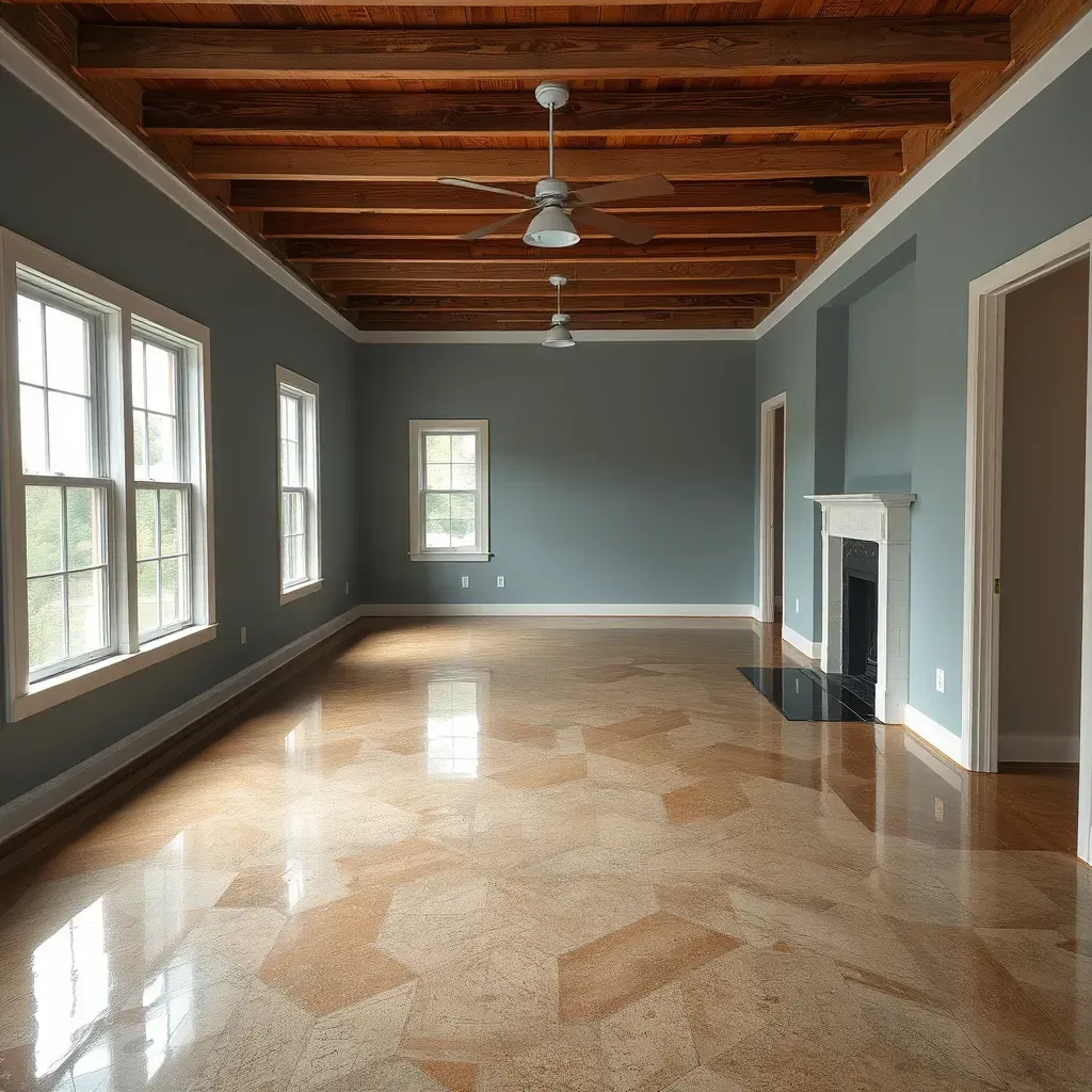 Water-damaged Carrboro living room with warped floors, leaking ceiling, drying equipment, and nearby neighborhood scenery.