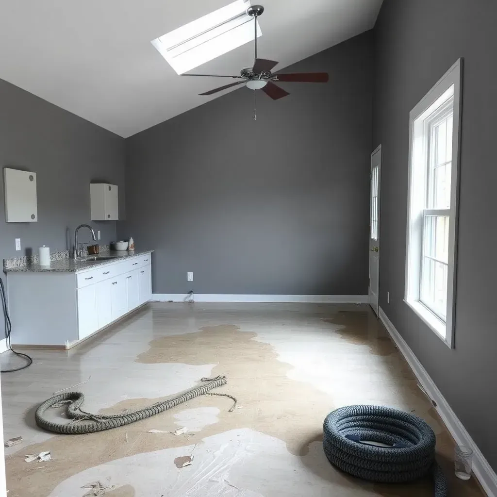 Water damage restoration in Pittsboro, NC: drying equipment in a damp living room with water-stained walls and wet floors.