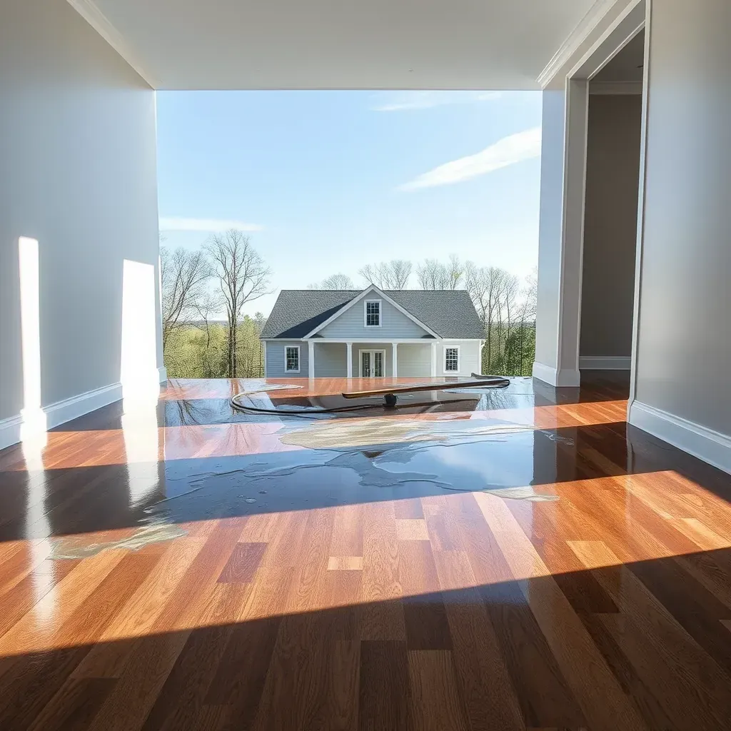 Water damage restoration in Hillsborough, NC showing soaked floors, exposed studs, drying equipment, and professional cleanup.