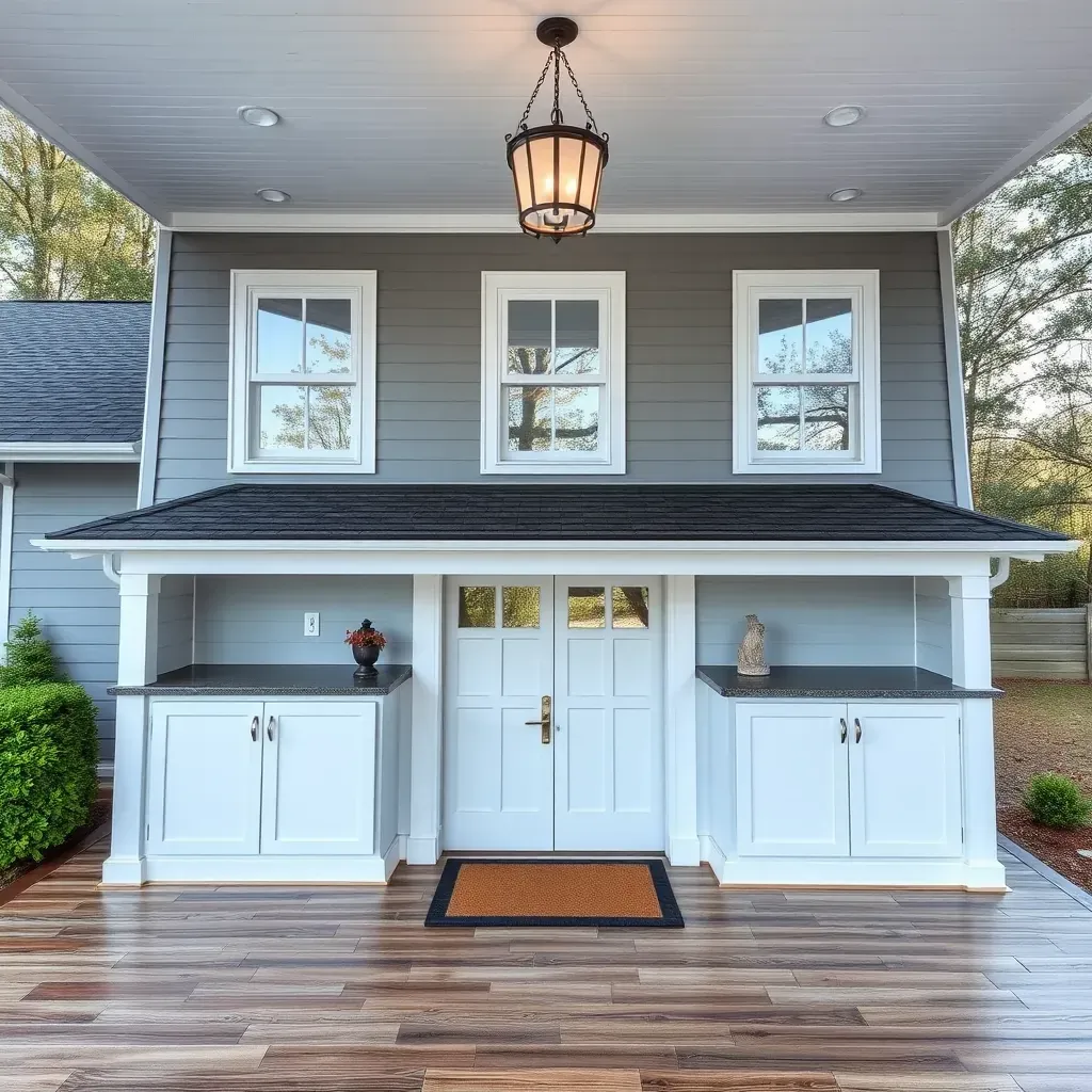 Beautiful renovated Louisburg, NC home with fresh siding, landscaped yard, new roof, updated windows, and modern front door.