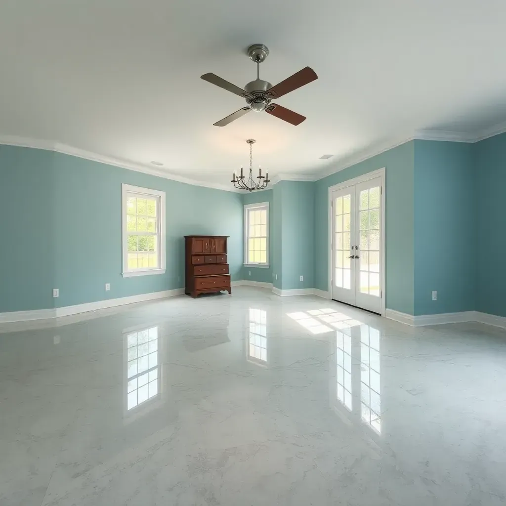 Water damage restoration scene in Rolesville, NC: flooded home interior with exposed studs, drying equipment, and moisture meters.