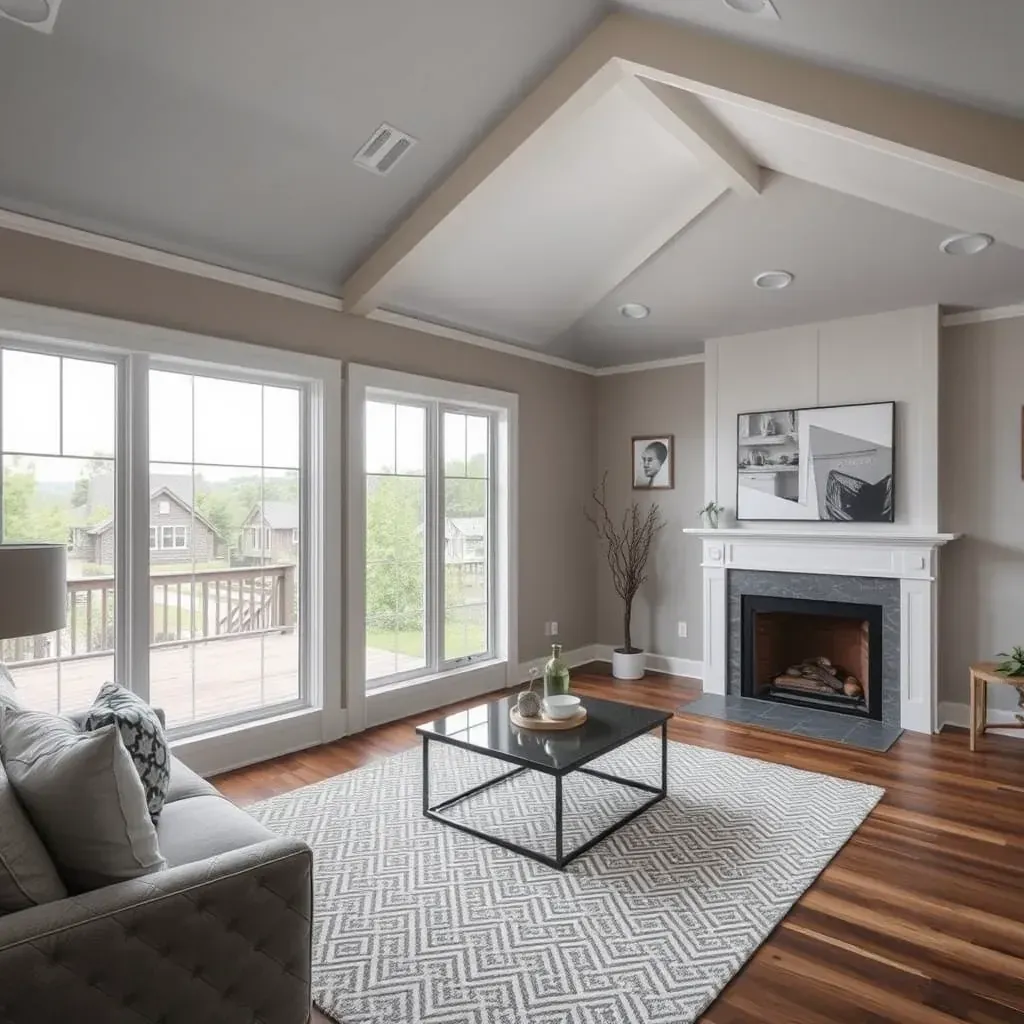 Beautiful Raleigh home with a modern sunroom, brick siding, lush landscaping, patio, outdoor furniture, and mature trees.