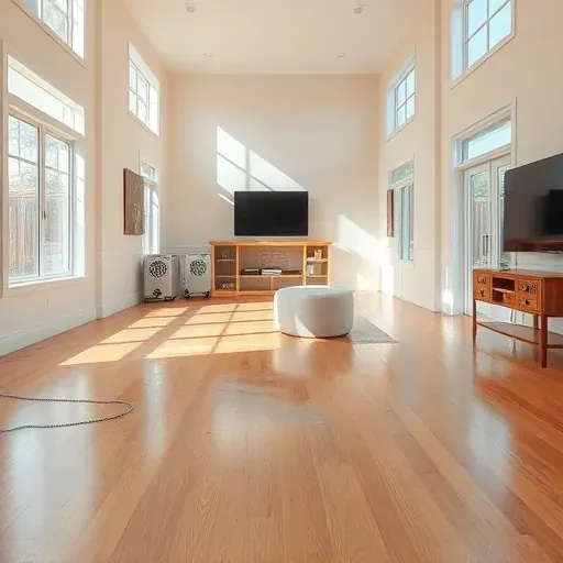 Restored living room with shiny hardwood floors, freshly painted walls, and moisture extraction equipment after water damage.