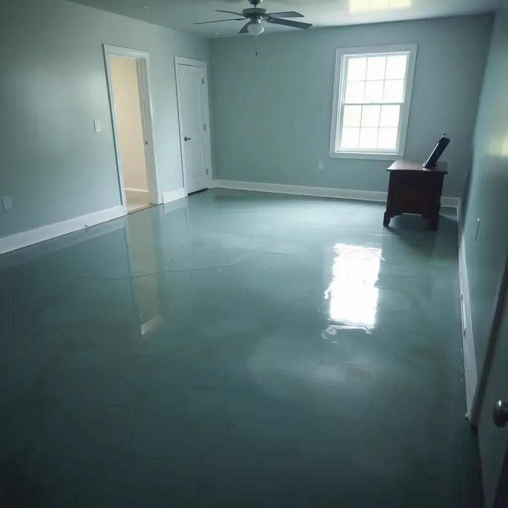 Water damage restoration scene in Selma, NC, featuring wet floors, water stains, extraction equipment, dehumidifiers, and drying fans.