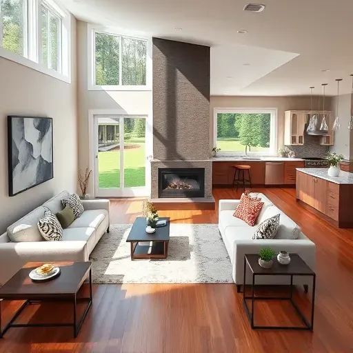 Renovated Morrisville, NC home with stylish living room, hardwood floors, modern fireplace, and open-concept kitchen.
