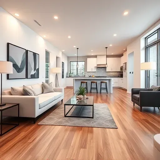 Renovated Zebulon living room with warm wood flooring, modern fireplace, large windows, neutral walls, and open kitchen.