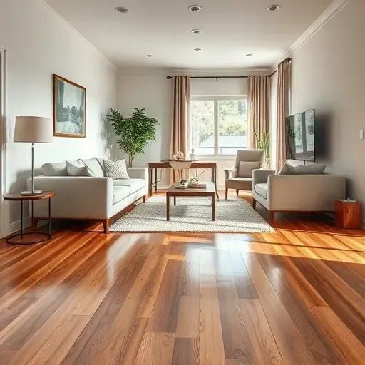 Restored living room with repaired hardwood floors, painted walls, modern furniture, natural light, and clean, organized space.