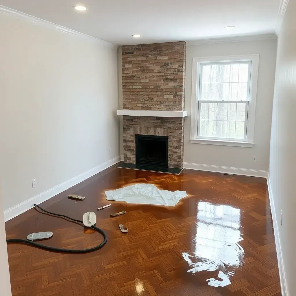 Water damage restoration scene in a Raleigh, NC home showing warped floors, peeling paint, moisture meters, and dehumidifiers.
