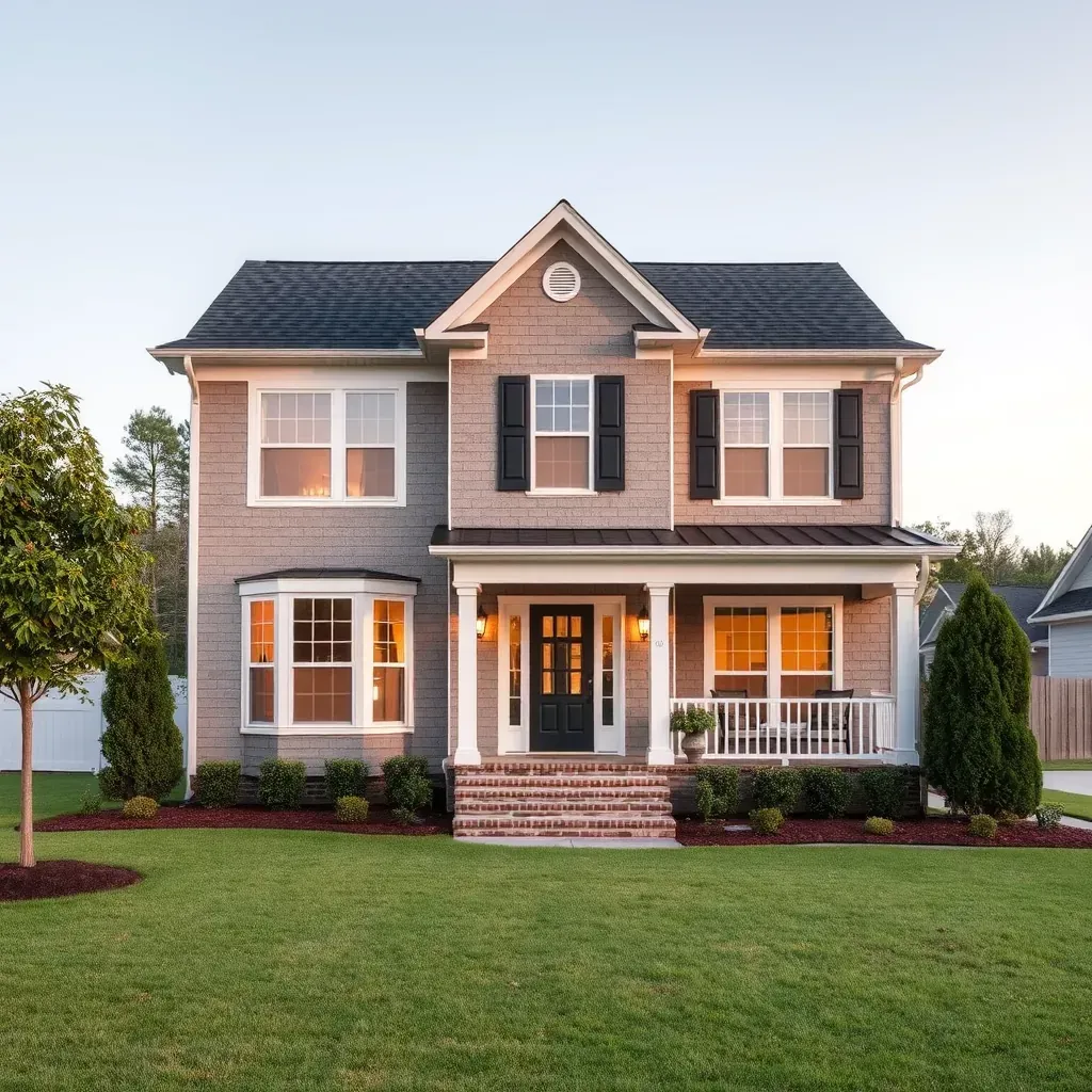 Renovated Knightdale, NC home featuring new siding, energy-efficient windows, fresh porch paint, lush yard, and outdoor deck.