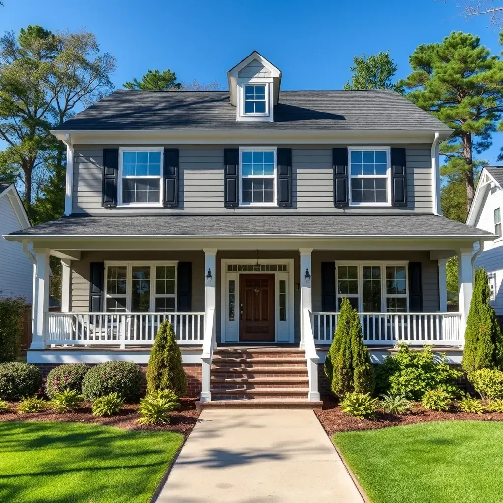 Chapel Hill home undergoing restoration with new siding, porch, roof, and landscaping on a tree-lined street.