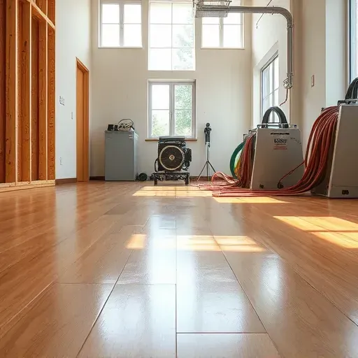 Restored Benson, NC water damage scene with shiny wooden floor, new drywall, dehumidifier, and organized workspace.