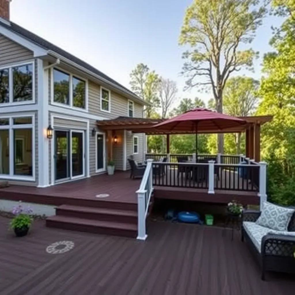 Scene of a professional deck building project in Raleigh, NC with workers assembling a wooden deck outdoors.