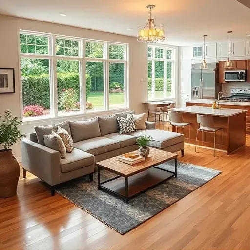Completed modern home renovation in Youngsville, NC featuring a stylish living room, pristine hardwood floors, and a bright, open kitchen.