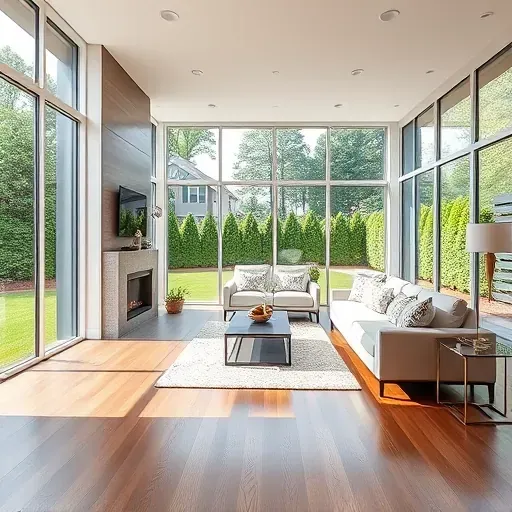 Modern Wake Forest living room with large windows, hardwood floors, sleek furniture, fireplace, and lush backyard view.