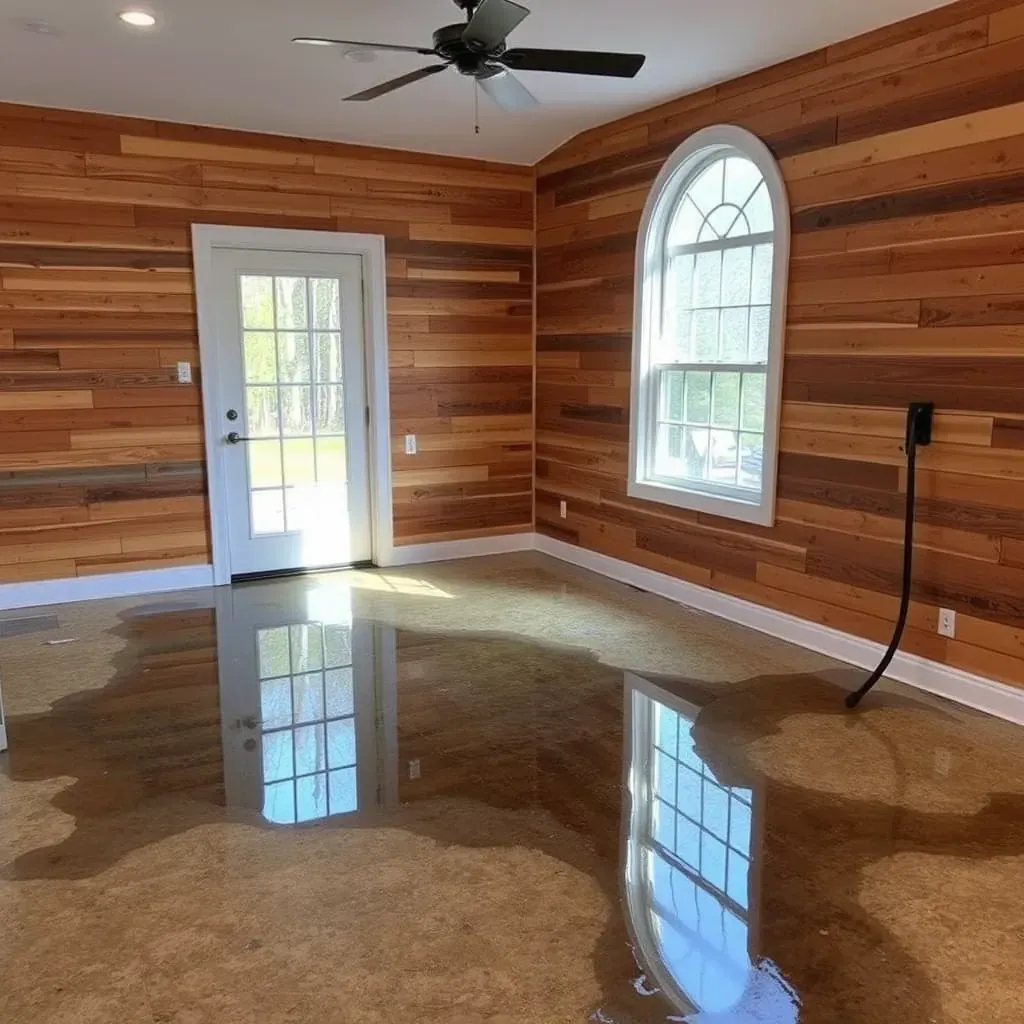 Water damage restoration in Rolesville, NC: cleanup scene with water stains, drying equipment, and organized tools inside a residential home.