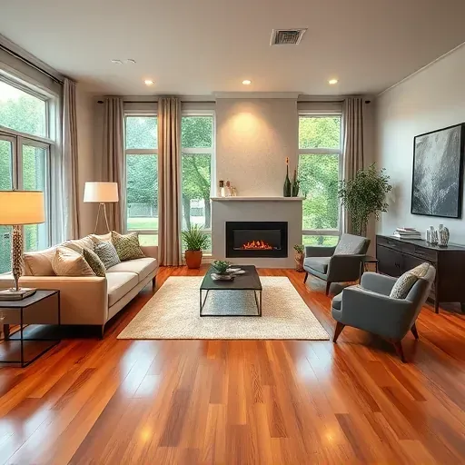 Renovated Mebane living room with hardwood floors, modern furniture, large windows, fireplace, and stylish decor.