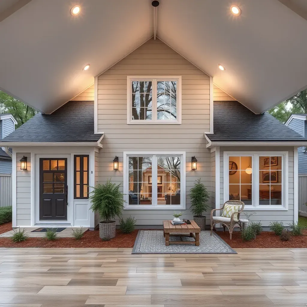 Modern Raleigh home addition with sunroom, large windows, brick siding, lush landscaping, and a paved driveway.