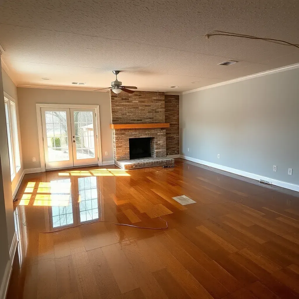 Water damage restoration in Holly Springs, NC: wet floors, stained walls, dehumidifiers, fans, and cleaning tools in a modern home.