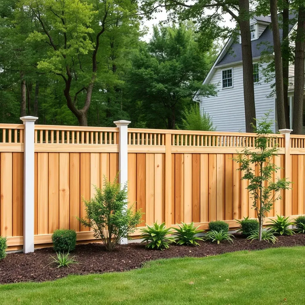 A new wooden backyard fence in Raleigh, NC, with natural wood tones, clean finish, lush greenery, and bright sunny day.