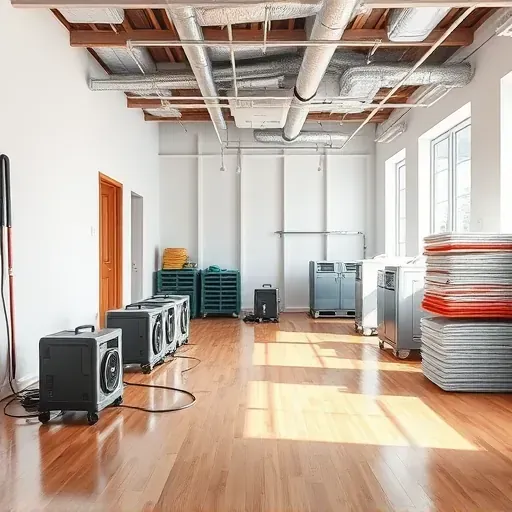 Water damage restoration scene in Apex, NC featuring organized equipment, clean workspace, and professional drying process.