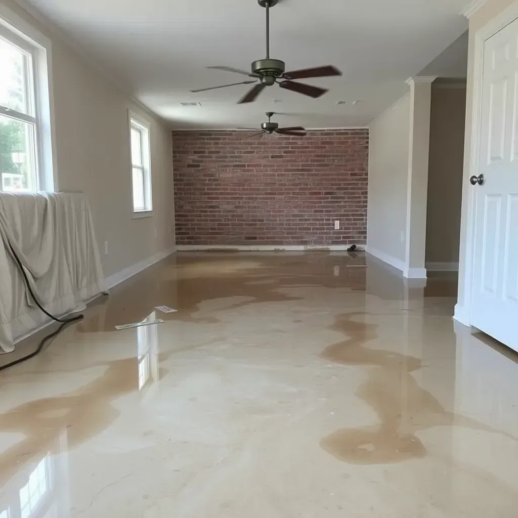 Water damage restoration in Zebulon, NC: wet floors, mold spots, buckled baseboards, industrial fans, and cleanup in progress.
