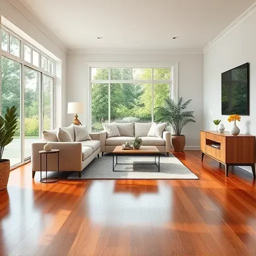 Restored living room in Rolesville, NC with shiny hardwood floors, reinforced drywall, stylish decor, and natural light.