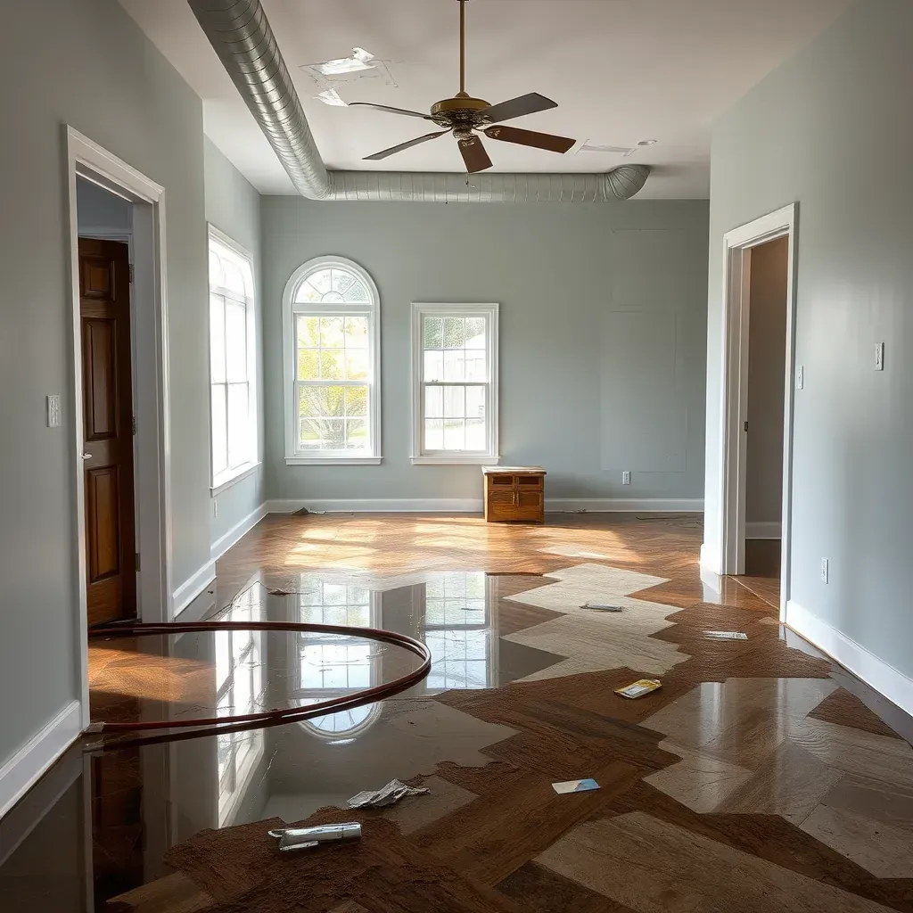 Indoor home in Lillington, NC showing water damage: warped hardwood floor, water-stained walls, drying equipment, and soaked rug.