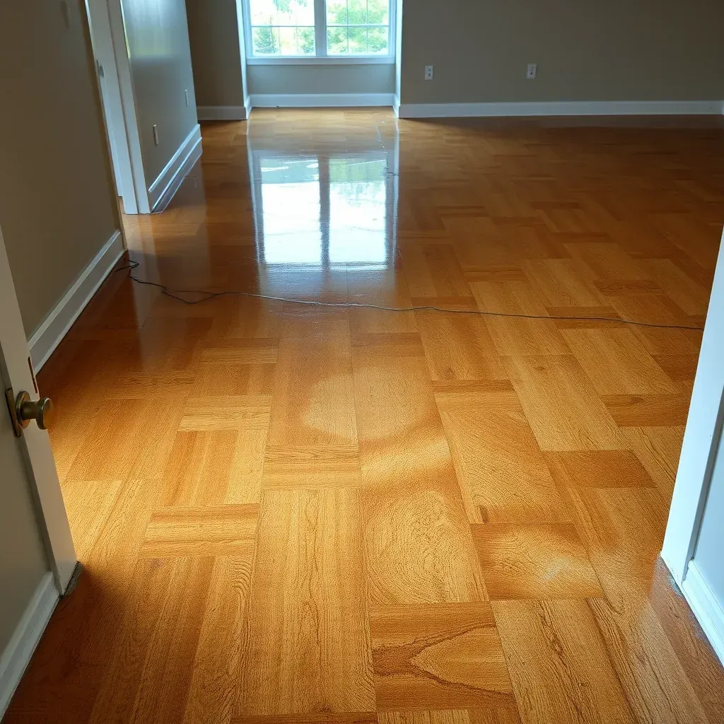 Water-damaged Apex, NC home with soaked carpet, damaged furniture, and restoration equipment like dehumidifiers and air movers.