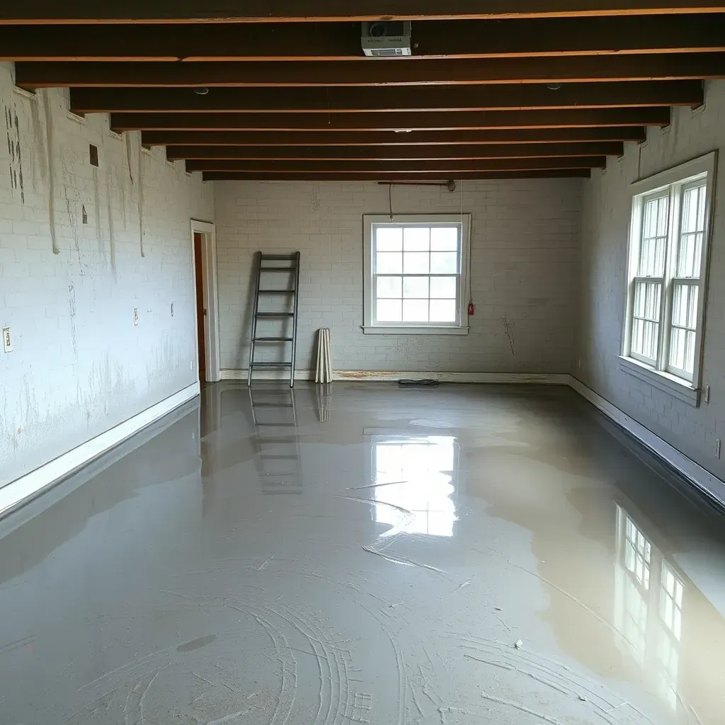 Water damage repair in Louisburg, NC: flooded living room with water-stained walls, mold, wet carpets, and restoration equipment.
