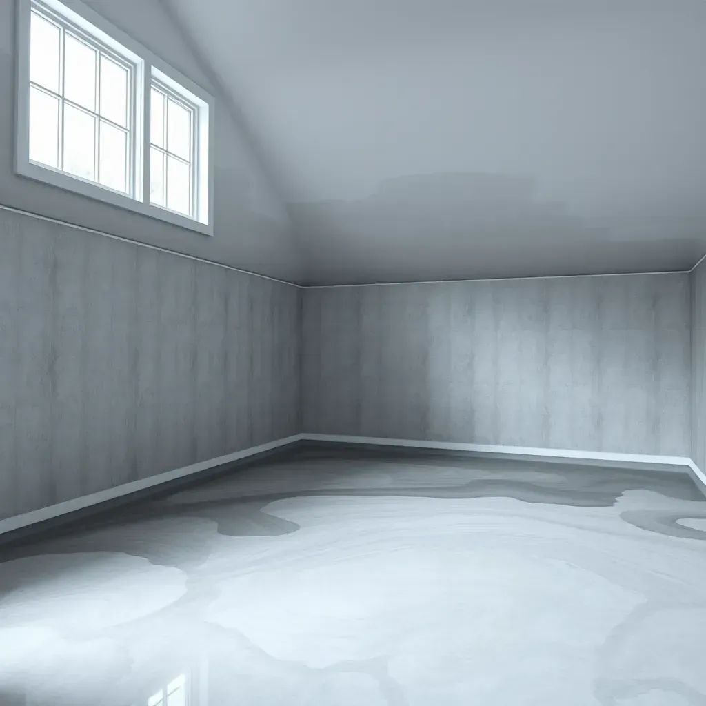 Water damage in Spring Hope, NC: soaked floors, stained walls, peeling ceiling paint, mold spots, with drying fans and restoration tools.