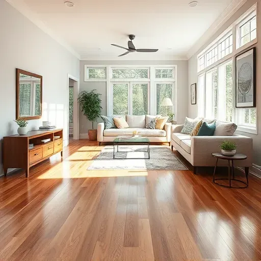 Restored Morrisville living room with shiny hardwood floors, seamless walls, tidy furniture, and natural light, showcasing professional water damage repair.