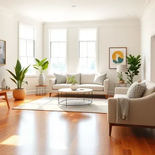 Restored living room in Louisburg, NC, featuring polished hardwood floors, neutral walls, stylish furniture, and natural sunlight.