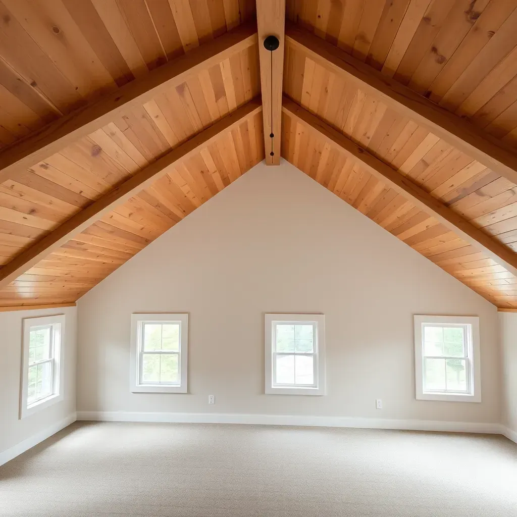 Attic restoration in Raleigh NC showing clean beams, insulation, tools, and a view of the city skyline outside.