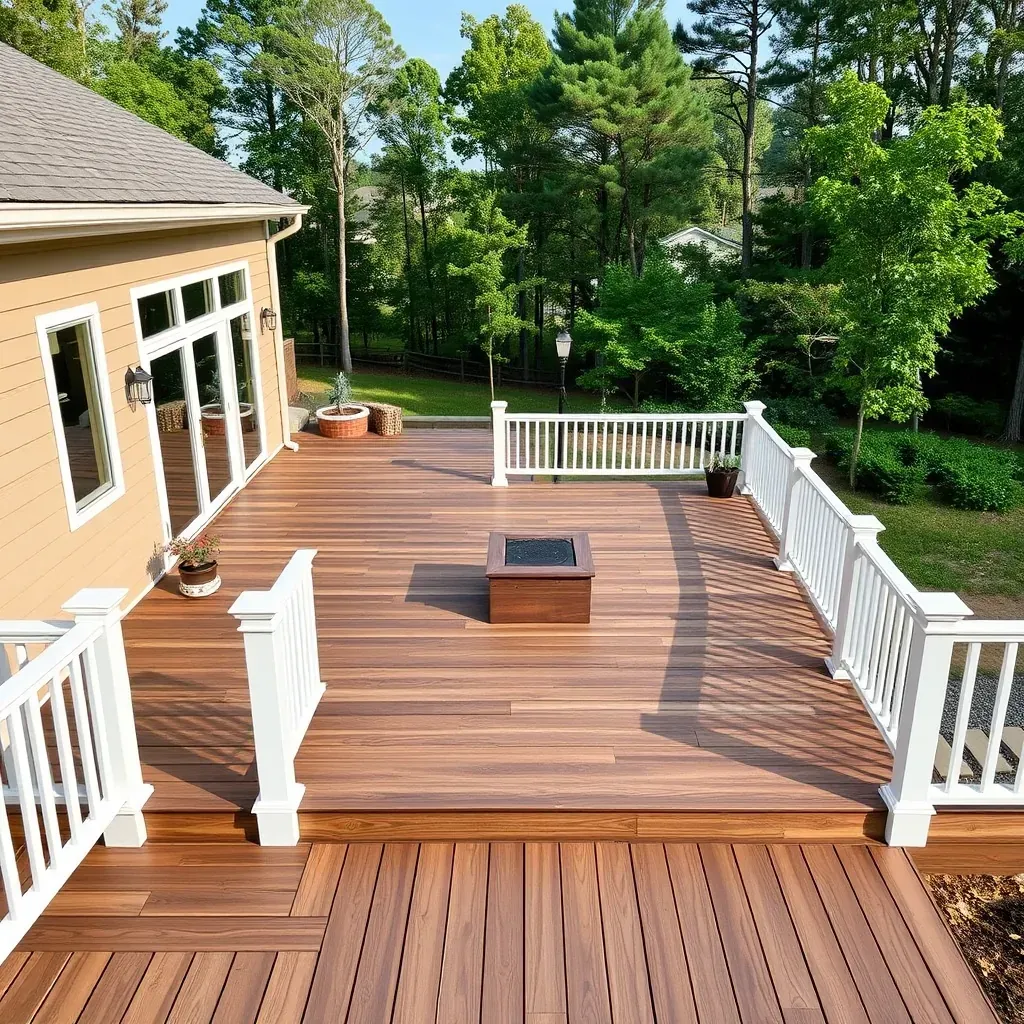 Deck construction site in Raleigh, NC with partially built wooden deck, cedar planks, support beams, tools, greenery, and suburban homes.