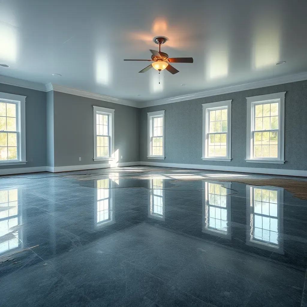 Water damage in a Bunn, NC home’s basement with wet floors, peeling drywall, standing water, and active restoration equipment.