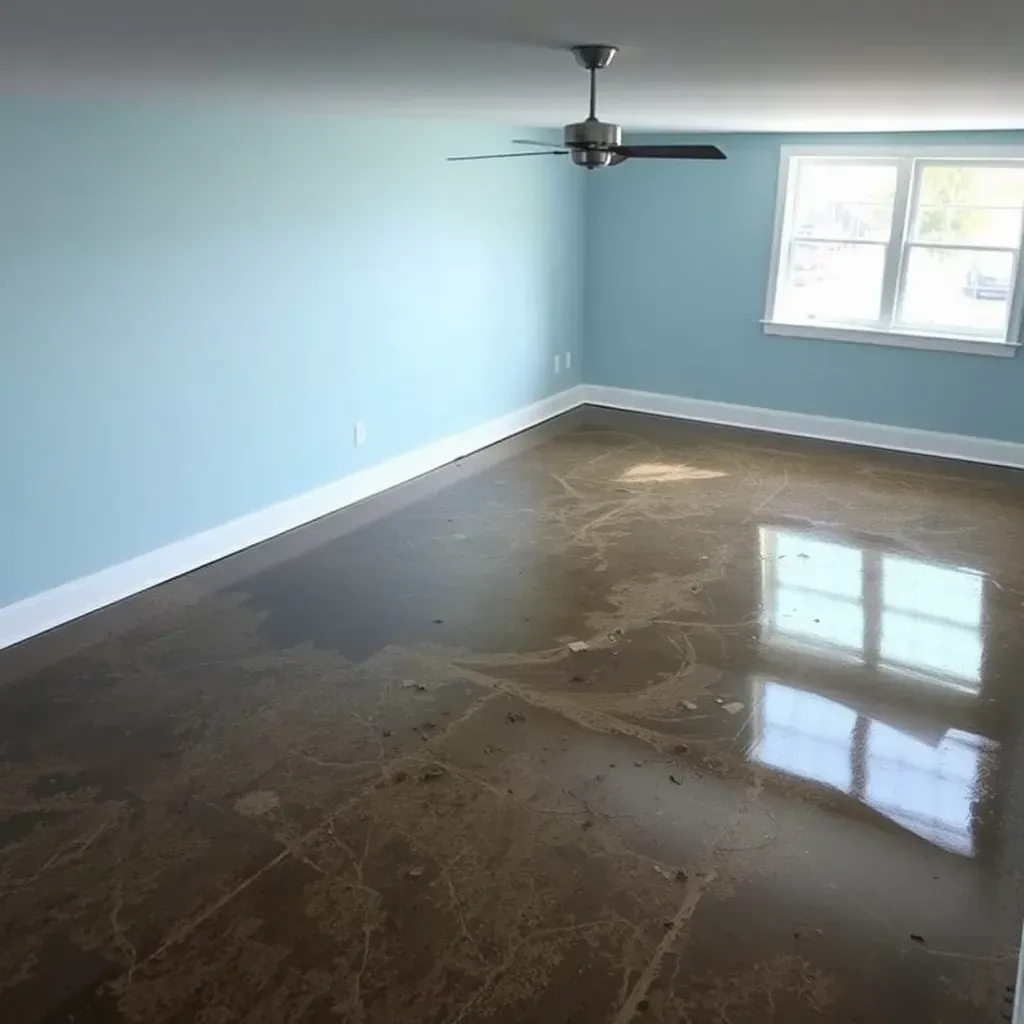 Water damage restoration in Raleigh, NC: warped floors, peeling drywall, dehumidifiers, fans, and restoration tools.