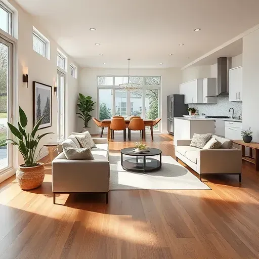 Renovated Carrboro home interior with sleek hardwood floors, modern furniture, open-concept kitchen, and natural light.
